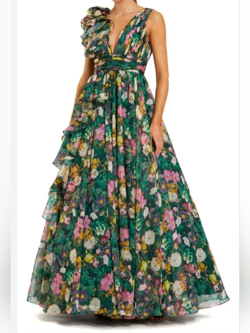 Mac Duggal Maxi Dress.Floral Chiffon Ruffel Gown. Retail Price $498